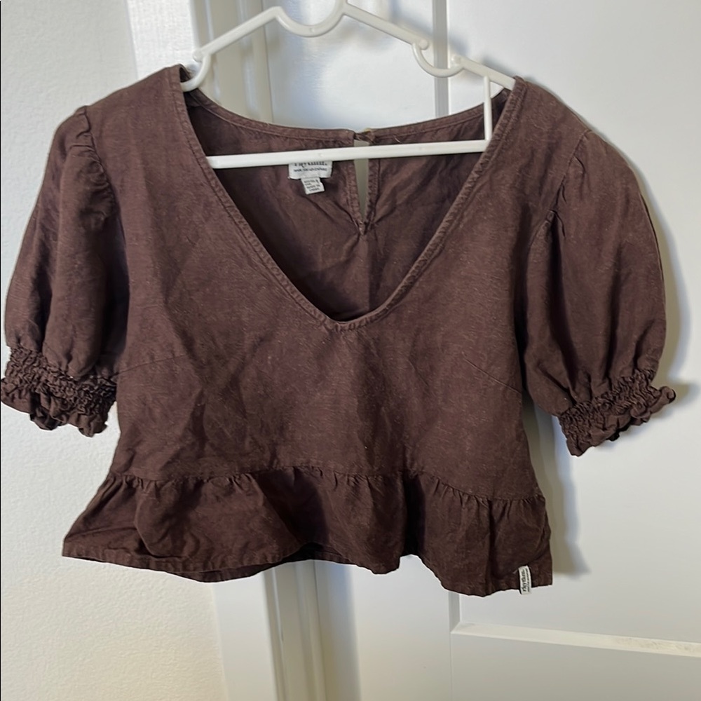 Rhythm Brown Puff Sleeve Smocked Crop Blouse